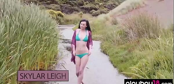  Pale skinned Skylar strips out of her bikini outdoor